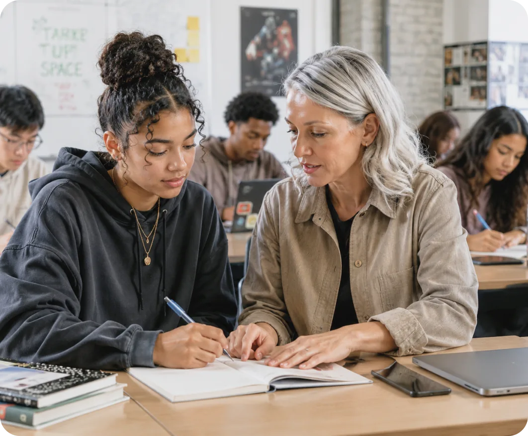 Teacher supporting a student with her schoolwork